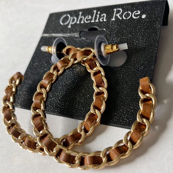 Ophelia Roe Leather Gold Hoop Earrings - Picture 1 of 5